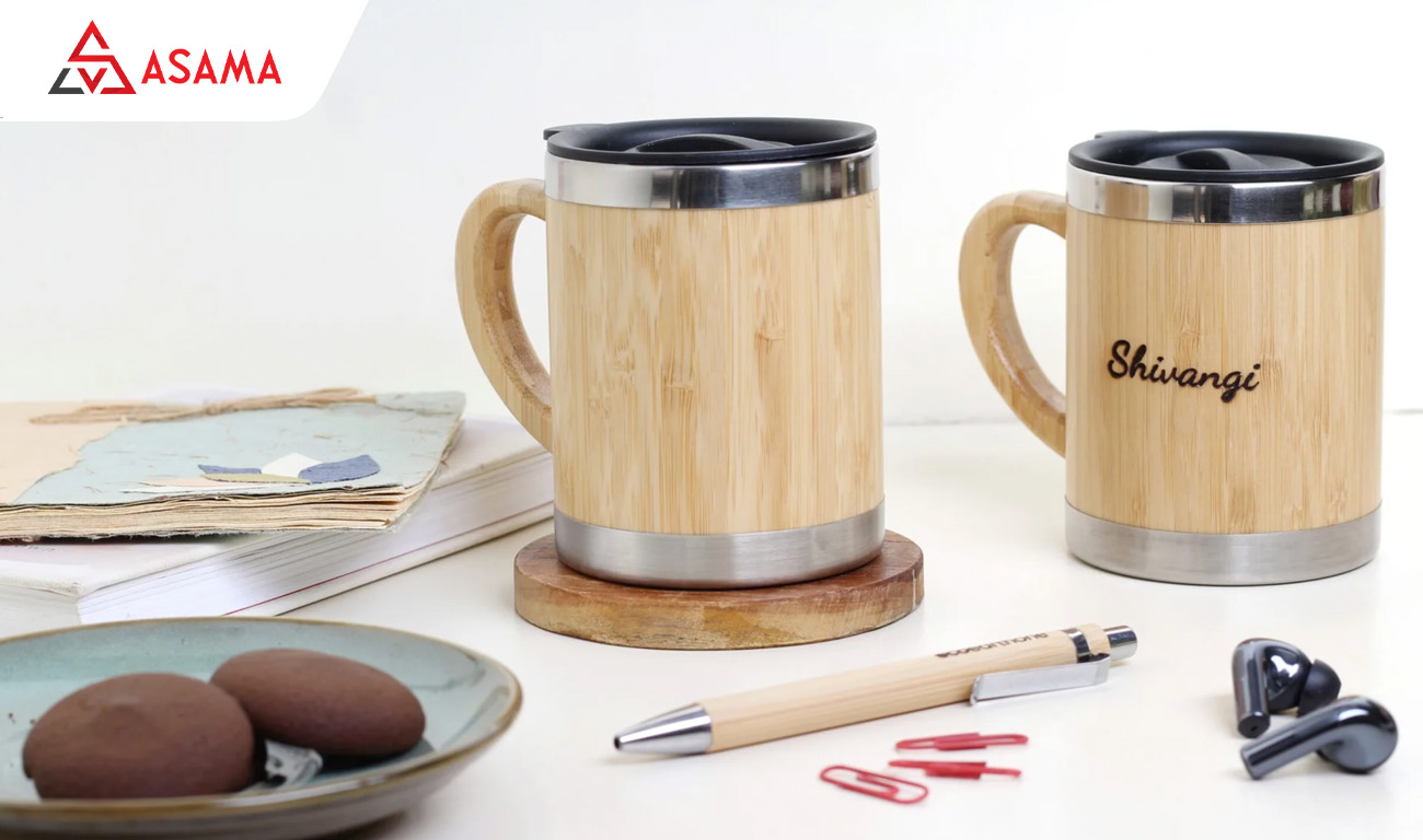 Ly quà tặng in logo làm từ tre thân thiện môi trường