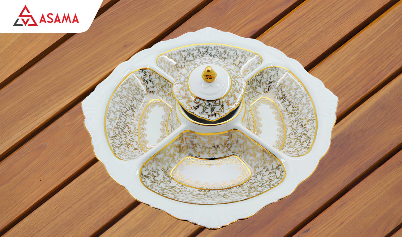 Khay đựng mứt Tết mây tre đan kết hợp lót sứ