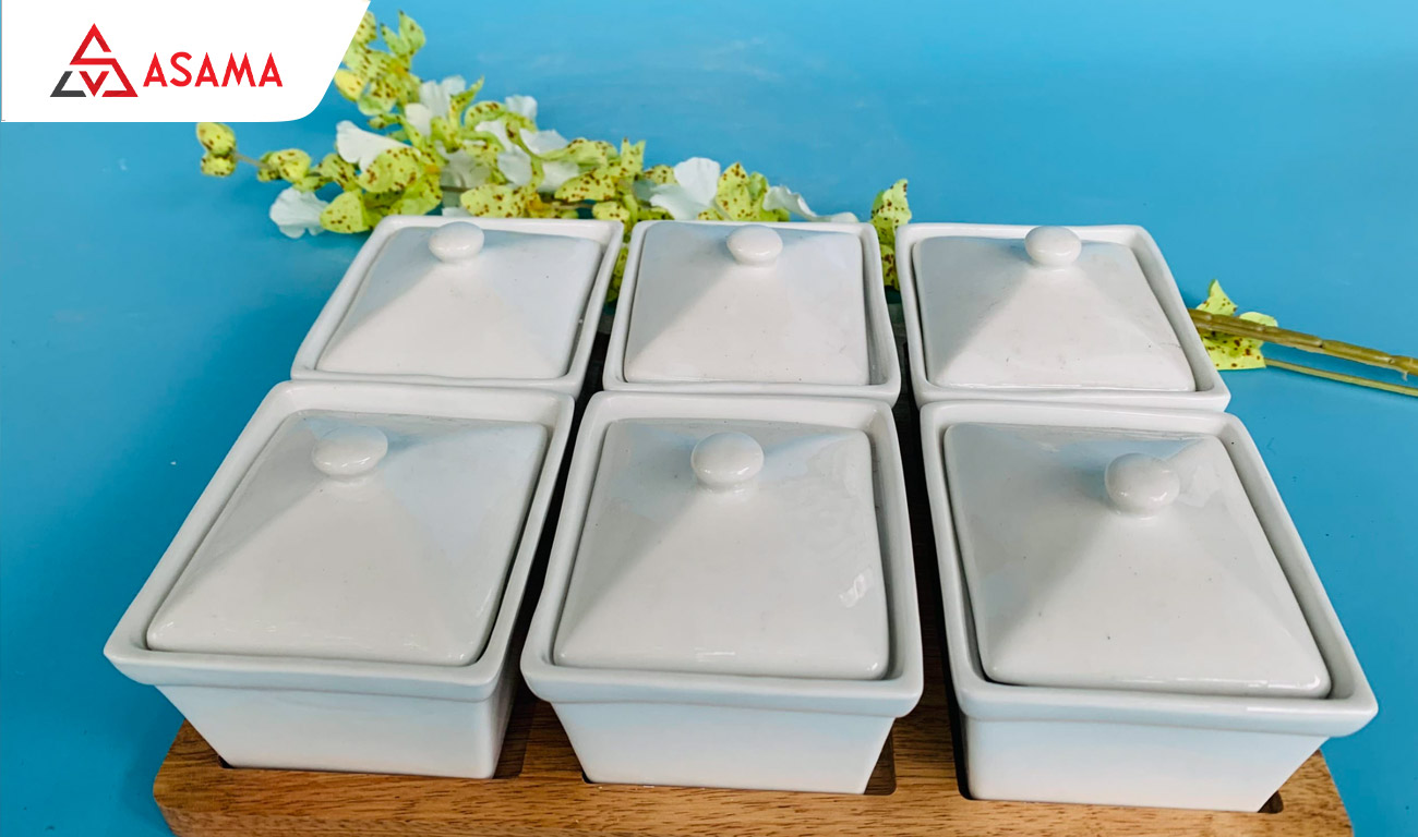 Bộ khay đựng mứt Tết bằng gỗ Óc chó (Walnut) kết hợp hũ sứ trắng rời