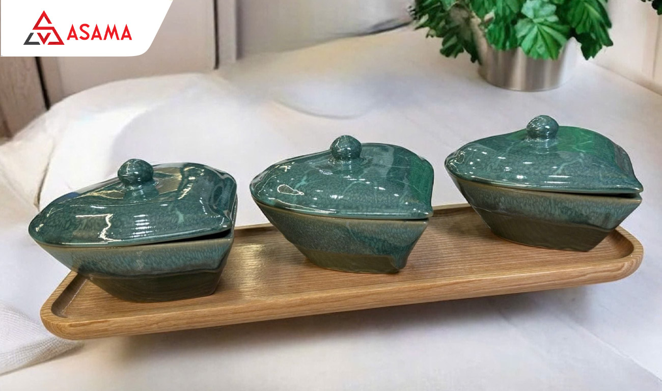 Set khay mứt sứ Bát Tràng men hỏa biến xanh ngọc