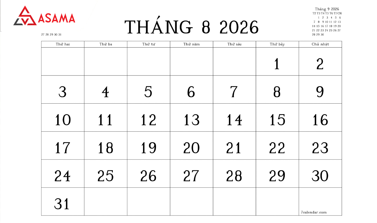 Lịch Ngày Tam Nương tháng 8/2026